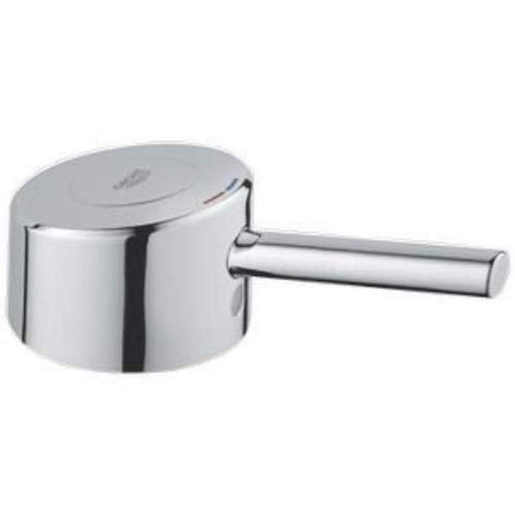 Chrome lever handle with rounded cap and cylindrical grip for faucet control.