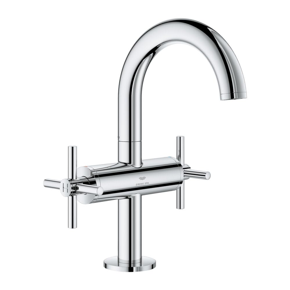 Chrome two-handle bathroom faucet with curved spout and cylindrical handles on circular base.