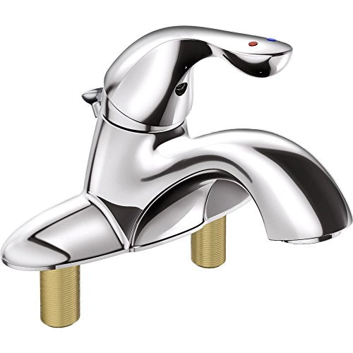 Chrome single-handle bathroom faucet with curved spout and brass mounting shanks.