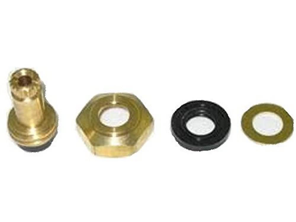 Brass and black rubber assembly components including a threaded valve body, hexagonal nut, and washer rings.
