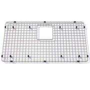 Stainless steel sink grid with square mesh pattern and center cutout, supported by black rubber feet.