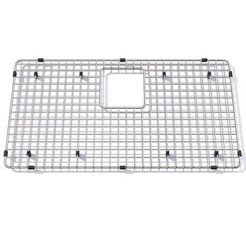 Stainless steel sink grid with square mesh pattern and center cutout, supported by black rubber feet.