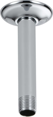 Chrome shower arm and flange with cylindrical pipe extending from round ceiling mount plate.