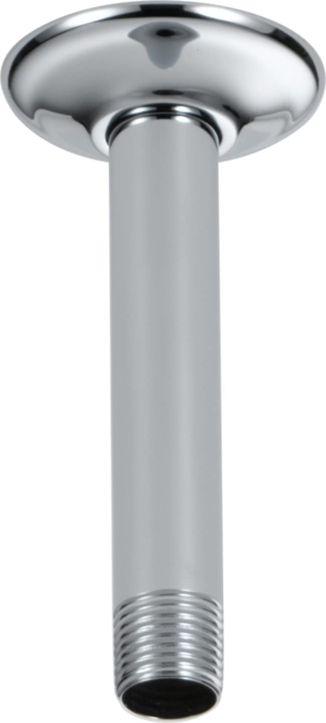 Chrome shower arm and flange with cylindrical pipe extending from round ceiling mount plate.