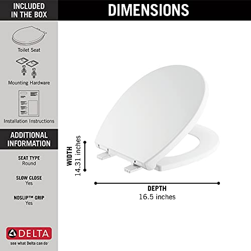 White round toilet seat with slow-close lid, 14.3" width x 16.5" depth, shown with mounting hardware and installation instruc