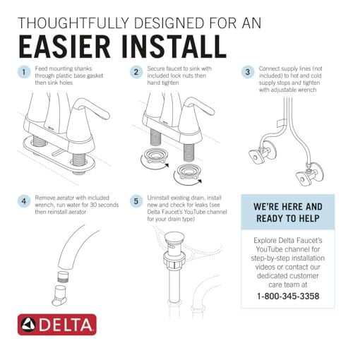 Chrome single-handle centerset bathroom faucet with curved spout and installation diagram showing mounting steps.