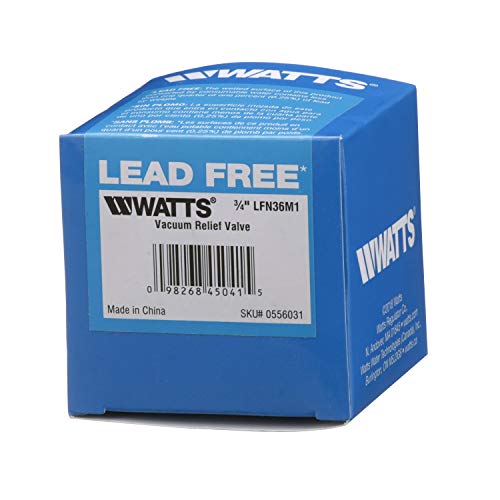 Watts lead free brass vacuum relief valve in blue box packaging with product label and barcode visible.