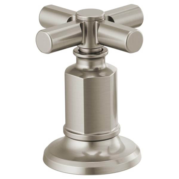 Brushed nickel faucet with cross handles and cylindrical body on round base.