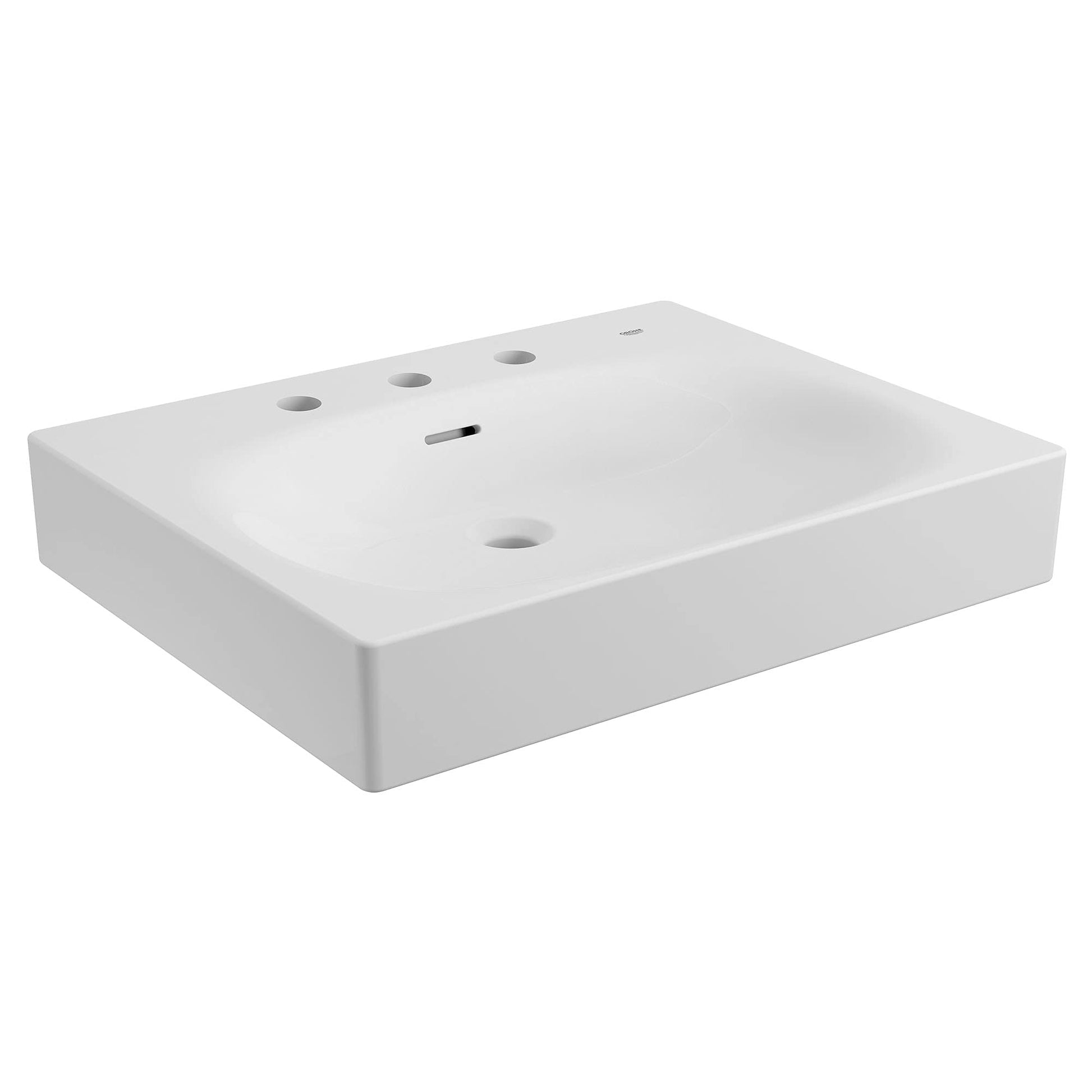 White rectangular wall-mount bathroom sink with three faucet holes and one central drain hole.