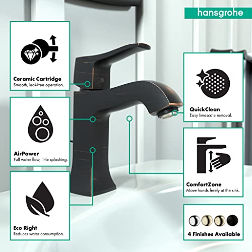 Hansgrohe Metris C single-hole bathroom faucet in rubbed bronze finish with curved spout and lever handle.