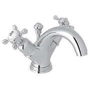 Polished chrome two-handle bathroom faucet with curved spout and cross-style handles.