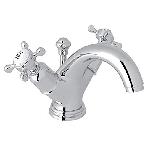 Polished chrome two-handle bathroom faucet with curved spout and cross-style handles.