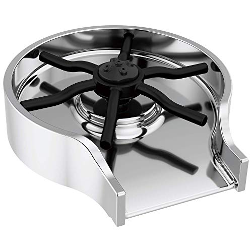 Chrome and black metal glass rinser with four-pronged center spindle and curved basin.