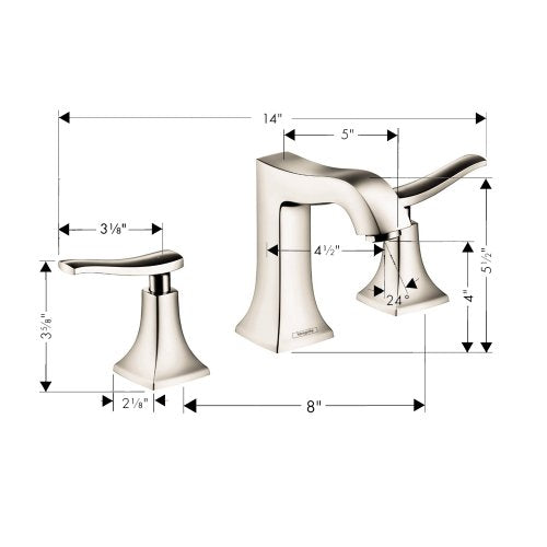 Polished nickel widespread bathroom faucet with curved spout and lever handles, shown with dimension measurements.