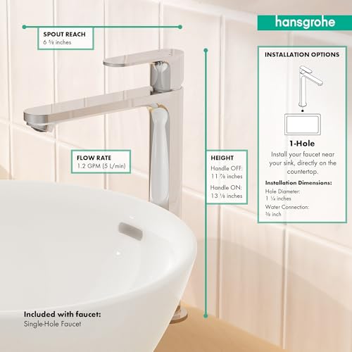 Chrome single-hole bathroom faucet with curved spout and vertical handle on white sink with installation specifications label