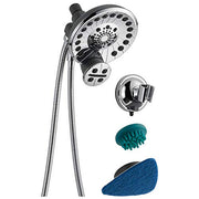 Chrome shower system with dual showerheads, flexible hose, wall mount, and two cleaning brushes included.
