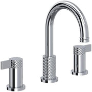 Polished chrome three-piece widespread lavatory faucet with curved C-spout and textured handle grips.