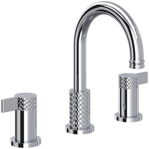Polished chrome three-piece widespread lavatory faucet with curved C-spout and textured handle grips.