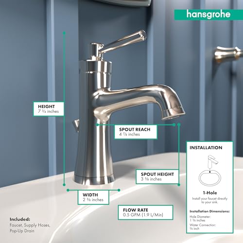 Polished nickel single-hole bathroom faucet with curved spout, lever handle, and pop-up drain, 7.5 inches tall.