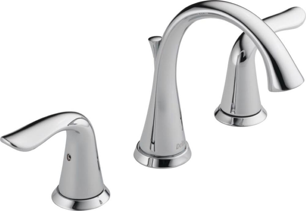 Chrome two-handle bathroom faucet with curved spout and matching handles on circular base.