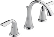 Chrome two-handle bathroom faucet with curved spout and matching handles on circular base.
