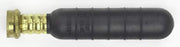 Black cylindrical drain cleaning attachment with brass threaded connector on left end.