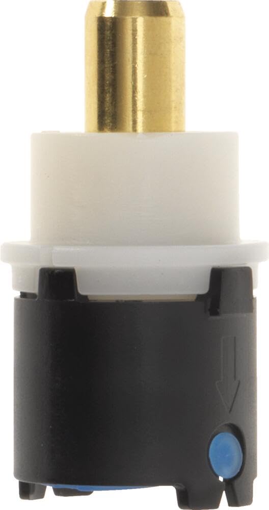 Brass and black plastic valve cartridge with white collar and blue adjustment button for Delta Leland faucet.