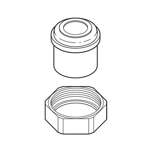 Two metal coupling nuts with threaded interiors and one cylindrical tailpiece with rounded cap, shown in line drawing format.