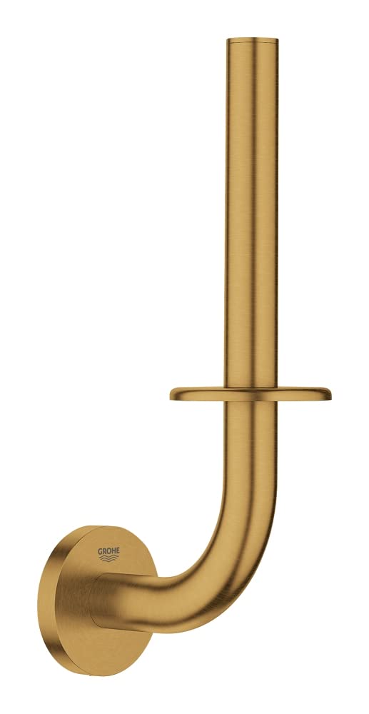 Brushed gold curved paper holder with wall-mounted circular base and horizontal bar support.