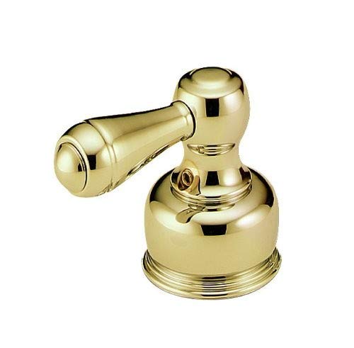 Polished brass two-handle bathroom faucet set with lever handles and round base.