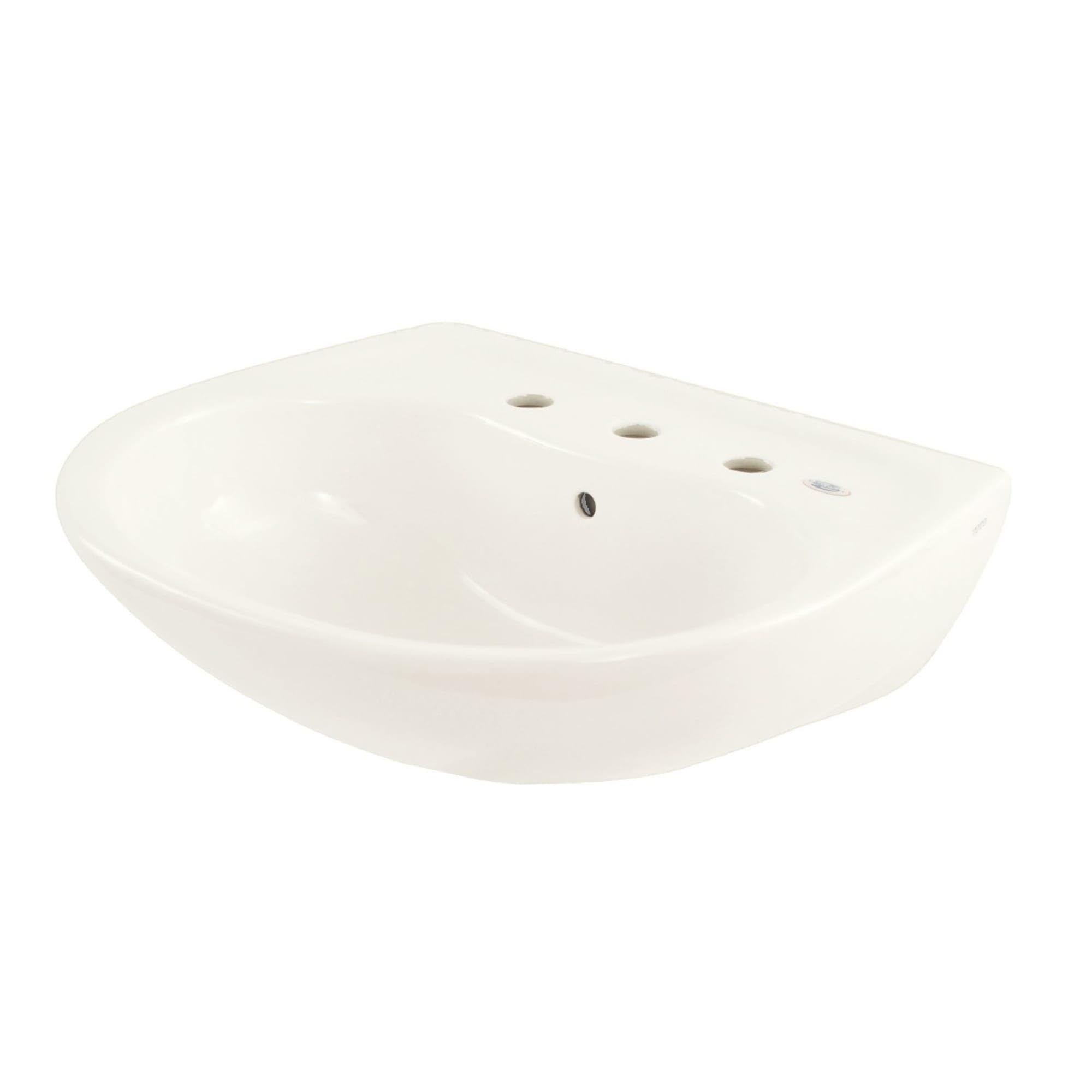 Cotton white oval wall-mounted bathroom sink with three faucet holes and overflow drain opening.