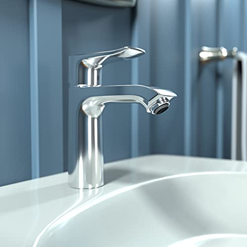 Chrome single-hole bathroom faucet with curved spout and lever handle installed on white sink.