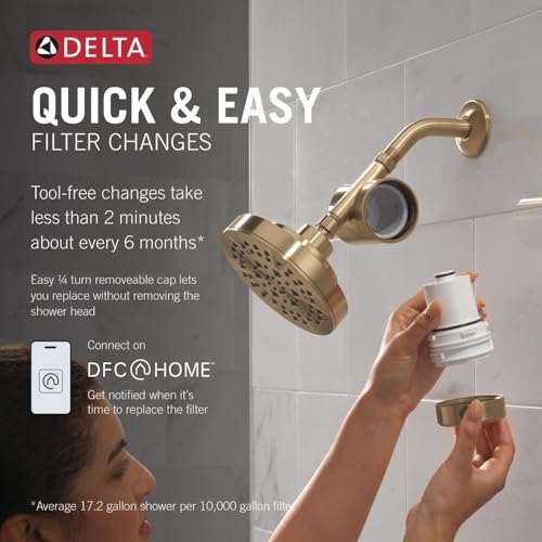 Champagne bronze shower filter attachment with removable cap, shown installed on wall and with replacement filter cartridge i