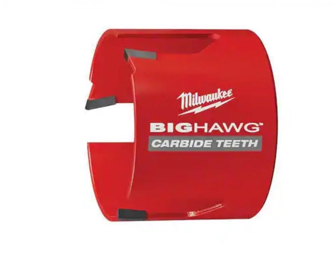 Red Milwaukee Big Hawg carbide hole saw with black carbide teeth cutting edges visible on the cylindrical body.