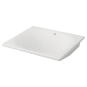 White rectangular under-counter bathroom sink with sloped sides and Grohe logo visible on surface.