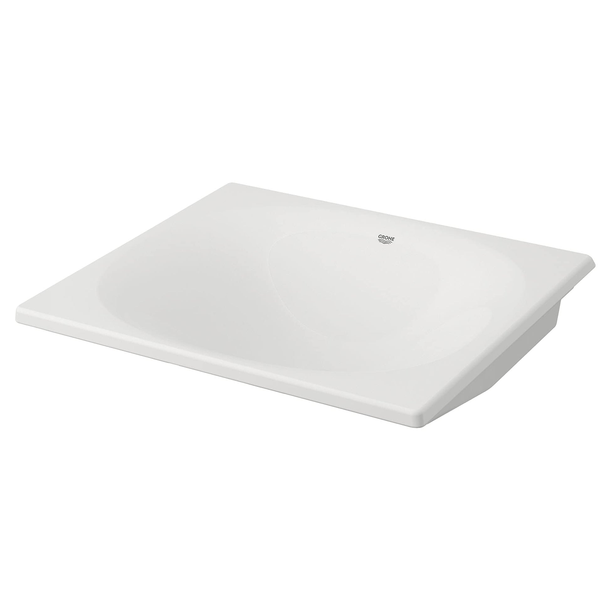 White rectangular under-counter bathroom sink with sloped sides and Grohe logo visible on surface.