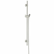 Brushed nickel wallbar with vertical rail, handheld showerhead holder, and wall-mounted anchors.