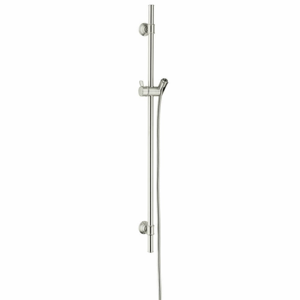 Brushed nickel wallbar with vertical rail, handheld showerhead holder, and wall-mounted anchors.