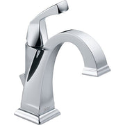 Chrome single-handle bathroom faucet with curved spout and square base.
