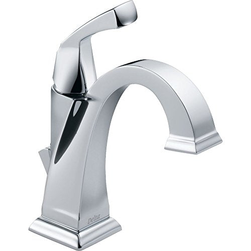 Chrome single-handle bathroom faucet with curved spout and square base.