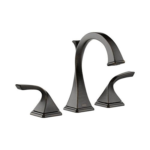 Chrome widespread bathroom faucet with curved spout and two lever handles on square bases.