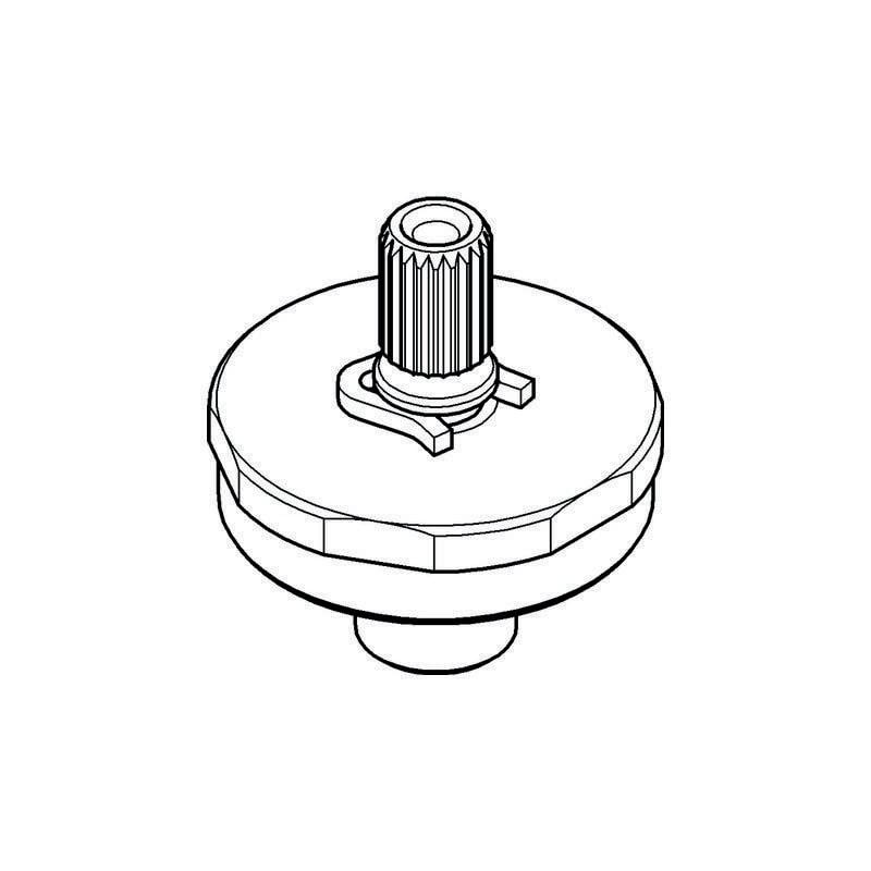 Chrome spindle extension part with ridged stem and circular base for Grohe faucet repair.