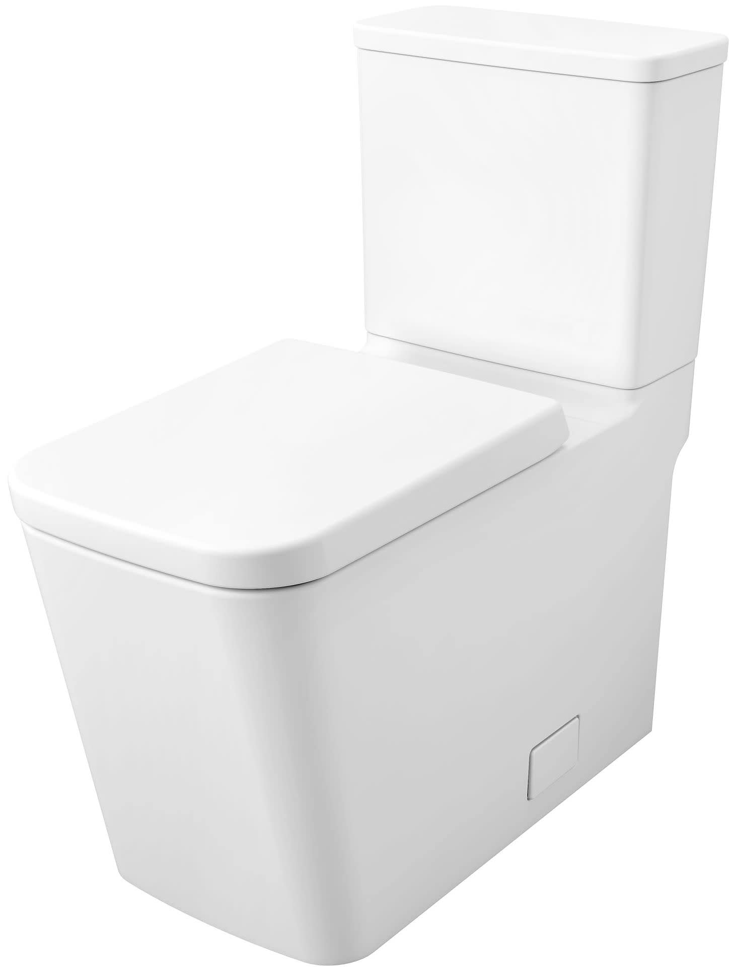 White two-piece elongated toilet with attached seat and tank, viewed from the side angle.