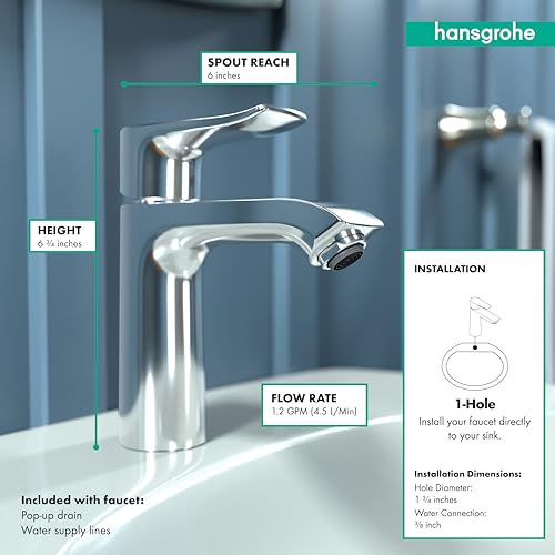 Chrome single-hole bathroom faucet with curved spout, 6.75 inches tall, 6 inches spout reach.