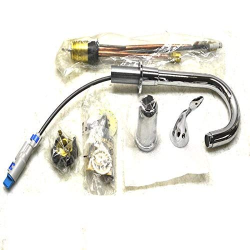 Chrome single-handle bar faucet with curved spout and replacement parts including cartridge and aerator.