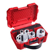 Red Milwaukee Hole Dozer kit with ten carbide-tipped hole saws in various sizes and carrying case.