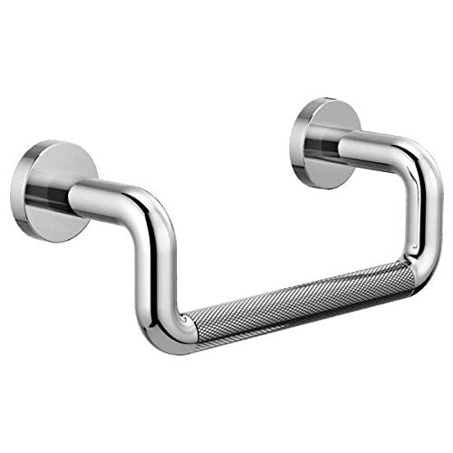 Polished chrome towel bar with curved handle and textured center section, mounted on two circular wall plates.