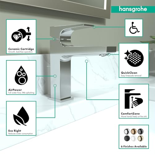 Chrome single-hole bathroom faucet with lever handle and curved spout on white countertop.
