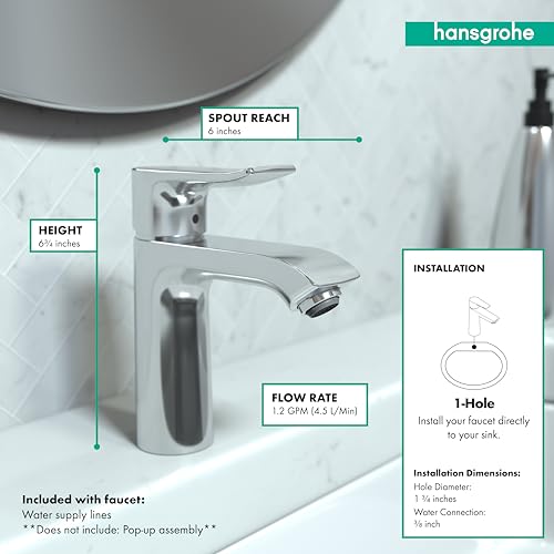 Chrome single-hole bathroom faucet with curved spout and lever handle on marble sink with specification labels.