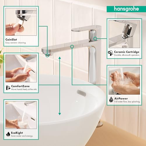 Chrome single-hole bathroom faucet with extended spout over round white sink basin.